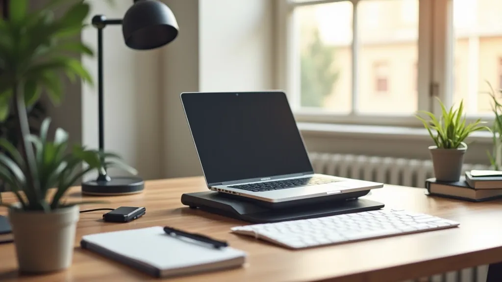 Moderní pracovní stůl s ergonomickým vybavením, laptopem a produkty pro produktivitu