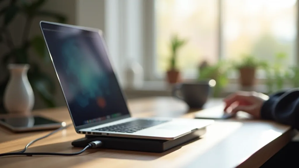 Moderní domácí kancelář s ergonomickým stojanem na notebook a organizovanými příslušenstvím