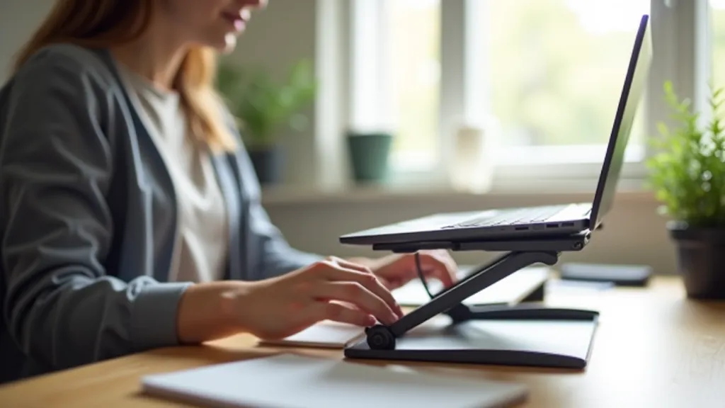 Osoba pracující na notebooku umístěném na ergonomickém stojanu v domácí kanceláři s vhodným osvětlením